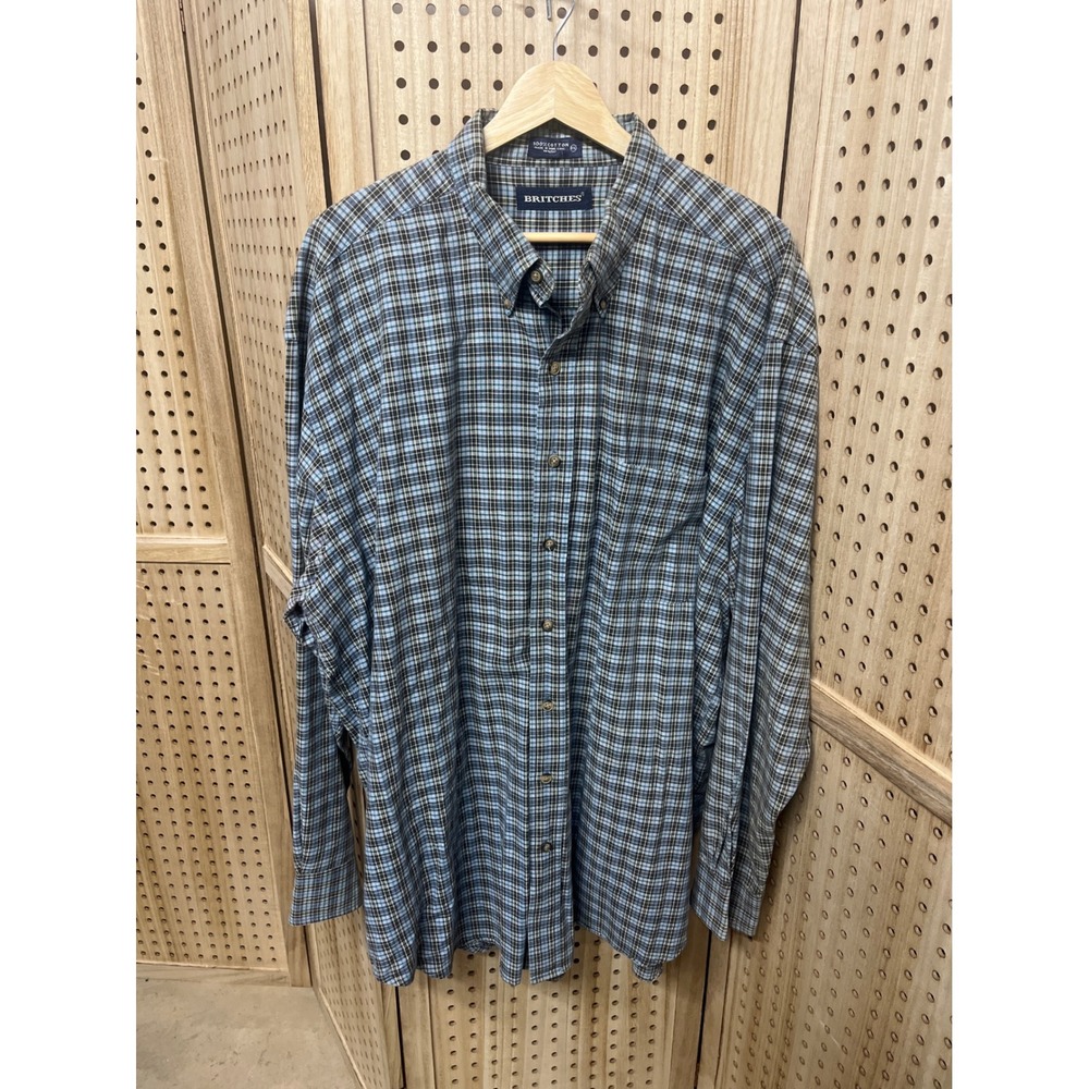 Britches Mens XXL Plaid Button Down Shirt Blue Green 100% Cotton Long Sleeve